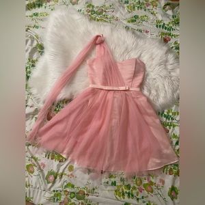 One shoulder beautiful pink dress with flower for prom